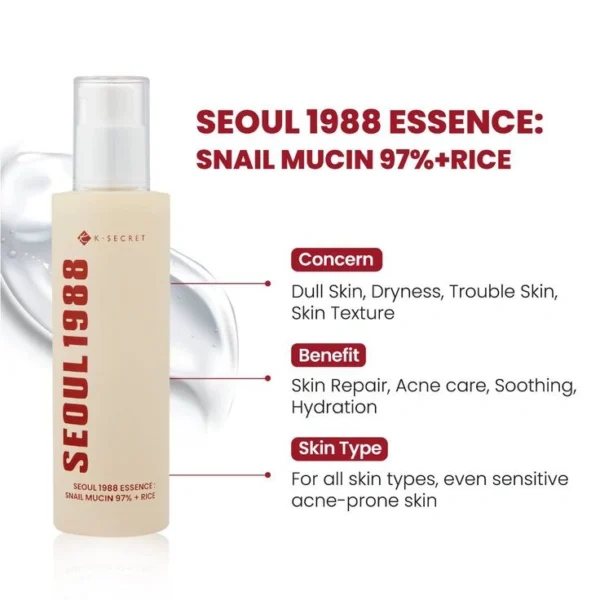KSecret Seoul1988 Essence : Snail Mucin 97% + Rice 100ml - Image 2
